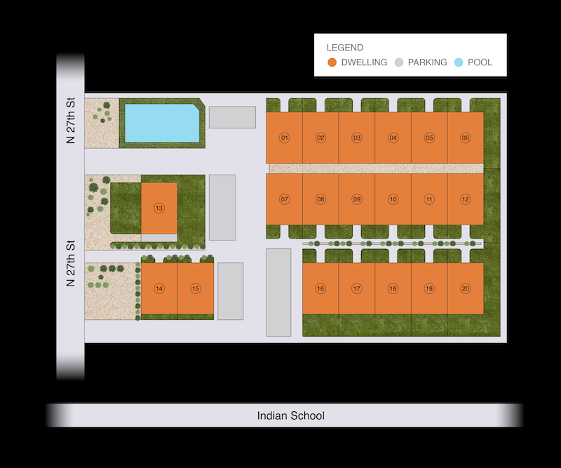 Overhead view of Site plan showing unit locations